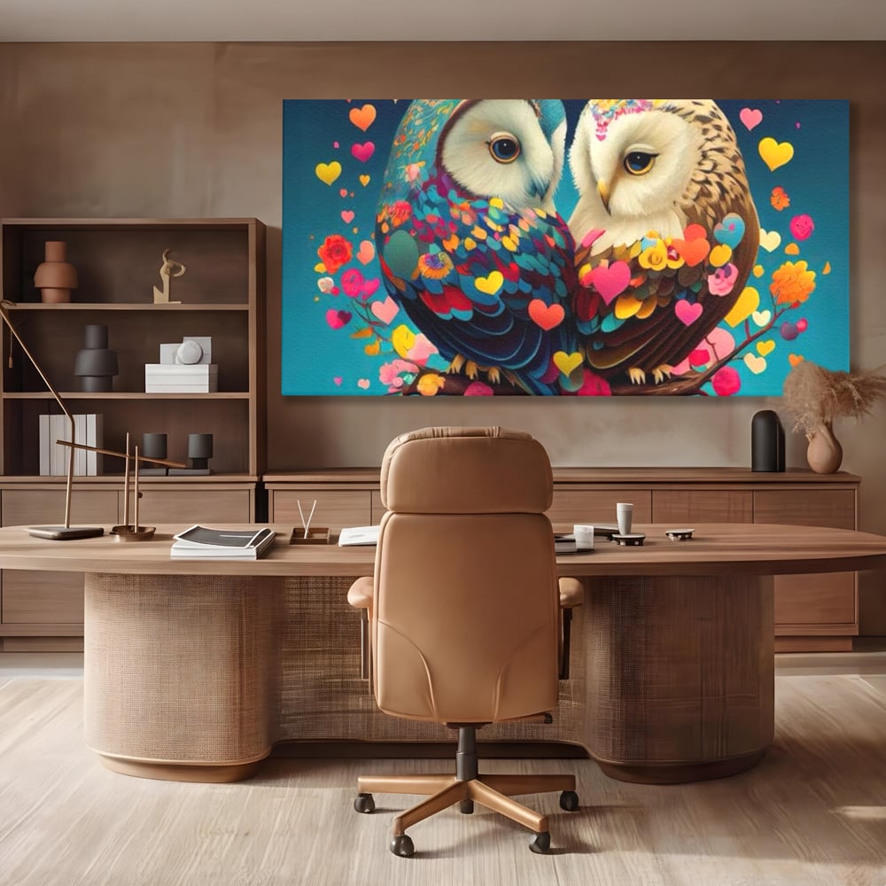 Tablou canvas cu tablou canvas cu doua bufnite colorate si inimi, fara rama, pe sasiu de lemn, pe perete intr-un birou